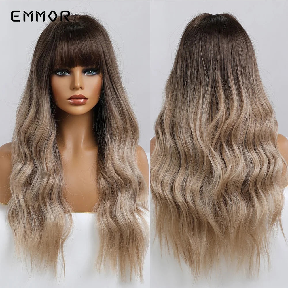 Emmor Synthetic Long Ombre Black to purple Wigs for Women with Bangs Long Wavy Wig Party Daily Heat Resistant Fibre Hair Wigs