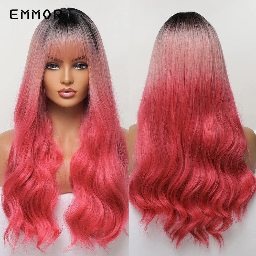 Emmor Synthetic Long Ombre Black to purple Wigs for Women with Bangs Long Wavy Wig Party Daily Heat Resistant Fibre Hair Wigs