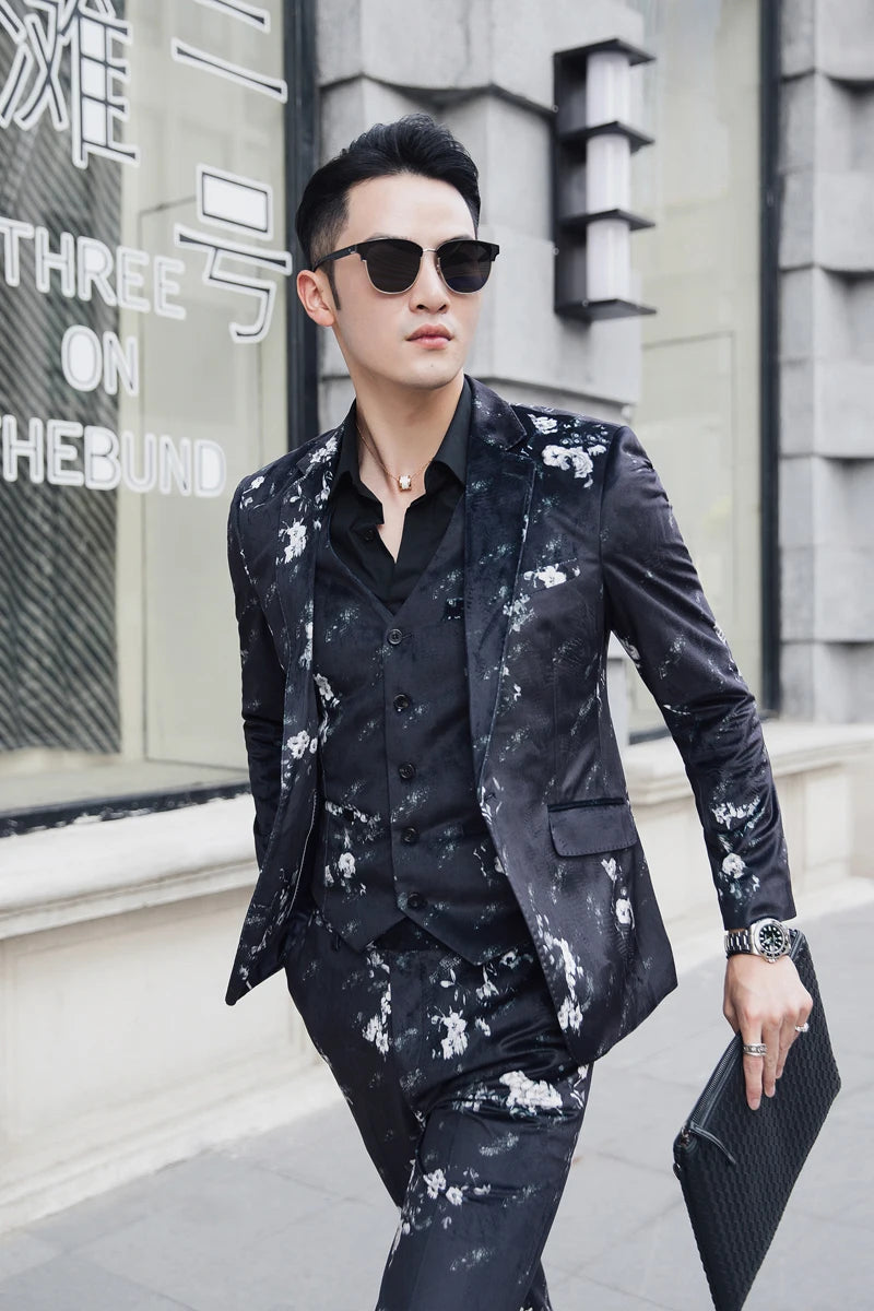 Spring three-piece Men Suits Jacket Vest Pant Fashion High Quality Suit Blazers and Trousers Floral Printed Asian size S-5XL