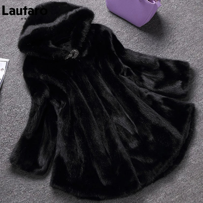 Lautaro Winter Black Warm Thick Hairy Soft Faux Mink Fur Coat Women