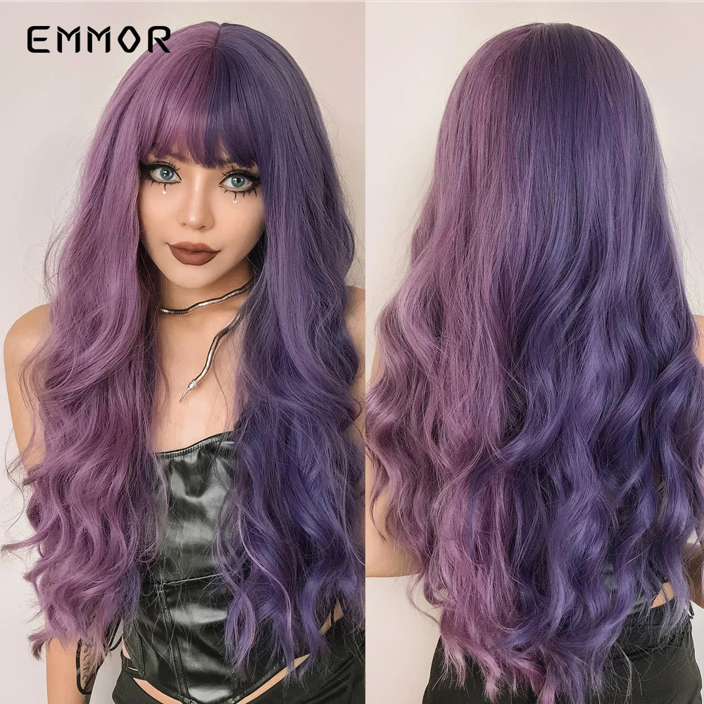 Emmor Synthetic Long Ombre Black to purple Wigs for Women with Bangs Long Wavy Wig Party Daily Heat Resistant Fibre Hair Wigs