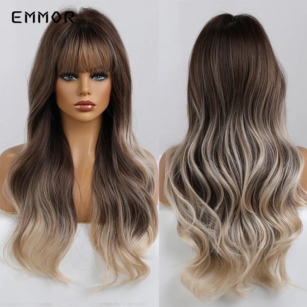 Emmor Synthetic Long Ombre Black to purple Wigs for Women with Bangs Long Wavy Wig Party Daily Heat Resistant Fibre Hair Wigs