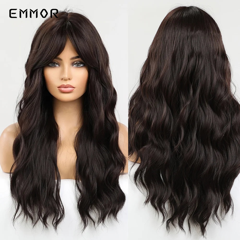 Emmor Synthetic Long Ombre Black to purple Wigs for Women with Bangs Long Wavy Wig Party Daily Heat Resistant Fibre Hair Wigs