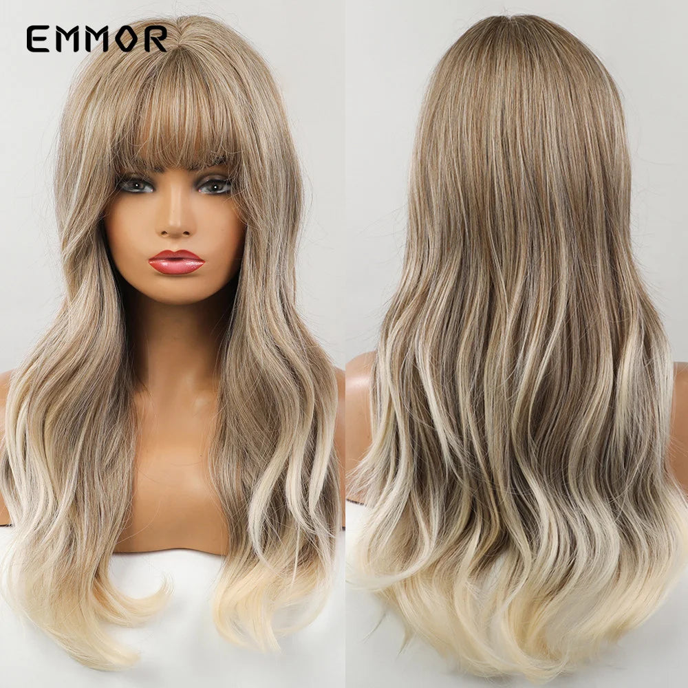 Emmor Synthetic Long Ombre Black to purple Wigs for Women with Bangs Long Wavy Wig Party Daily Heat Resistant Fibre Hair Wigs