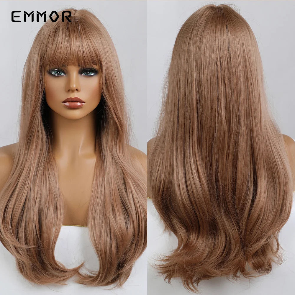 Emmor Synthetic Long Ombre Black to purple Wigs for Women with Bangs Long Wavy Wig Party Daily Heat Resistant Fibre Hair Wigs