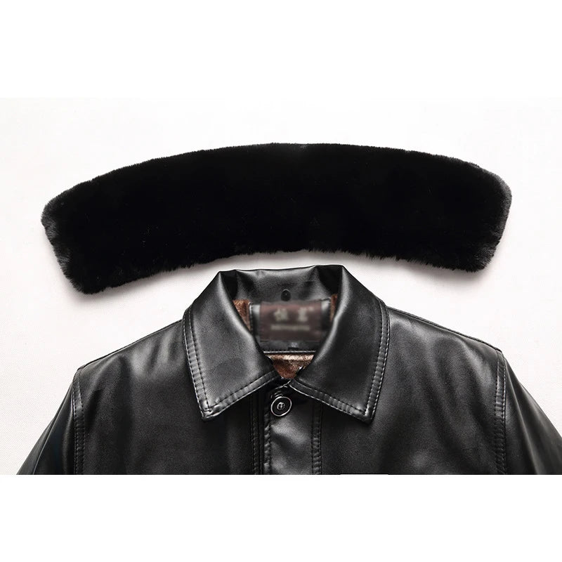 Idopy Men`s Winter Faux Leather Jacket Fleece Lined Plus Size M-4XL Warm Thicken Long Casual PU Jacket and Coat Fur Collar