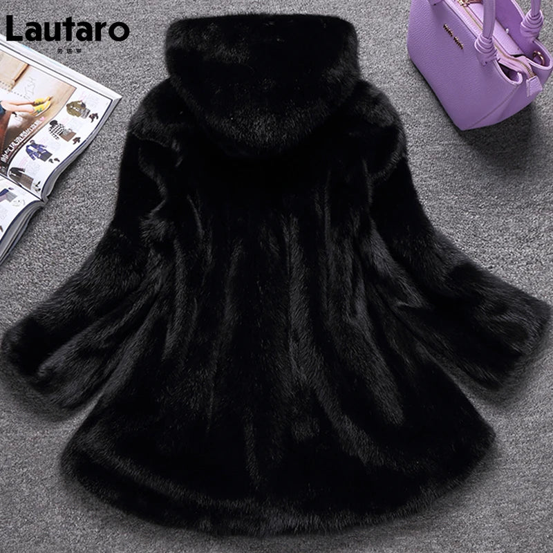 Lautaro Winter Black Warm Thick Hairy Soft Faux Mink Fur Coat Women