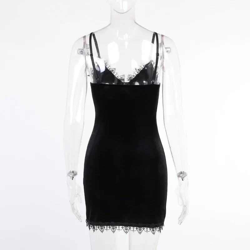 Dark Cross Black Mini Dress Vintage Sexy Spaghetti Strap High Waist