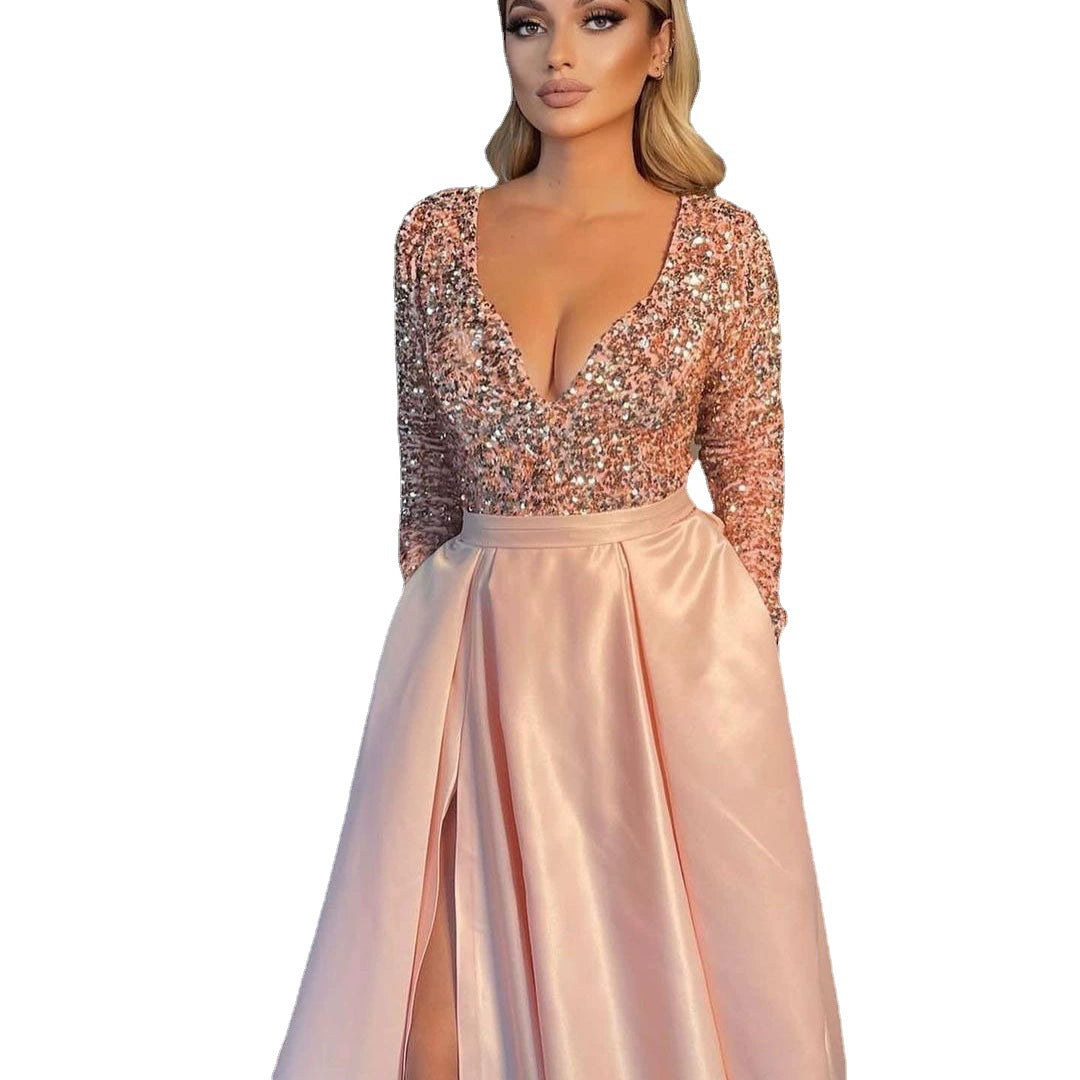 Fashion Sequin Large Swing Sexy Dress Trailing Banquet Evening Gown Sexy Sequin Evening Dress