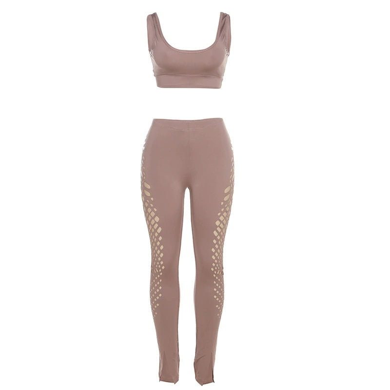 Bare Midriff Slim Fit Hollowed Leisure Trousers Outfit Top