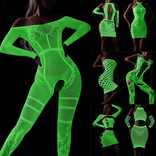 Sexy Intimates Sexy Luminous Body Stocking Open Crotch One-Piece Tube Top Fishnet Clothes Fluorescent Full-Length Hosiery Temptation Luminous Stockings