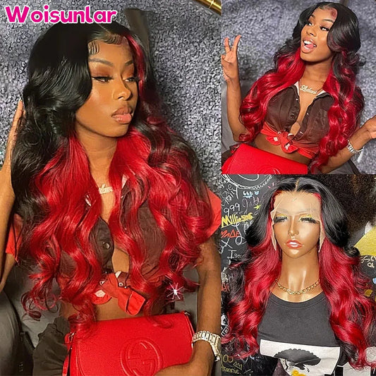 Ombre Red and Black Transparent 13x4 13x6 Body Wave Lace Frontal Wigs PrePlucked Glueless 6x4 Lace Closure human hair wigs 100%