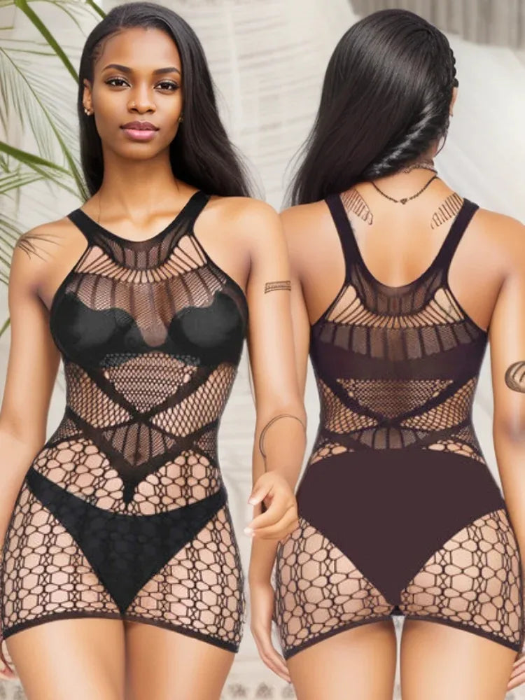 Women's Night Club Erotic Costumes Perspective Fishnet Short Net Skirt Ladies Sexy Mesh Hollow See Through Bodycon Short Dress