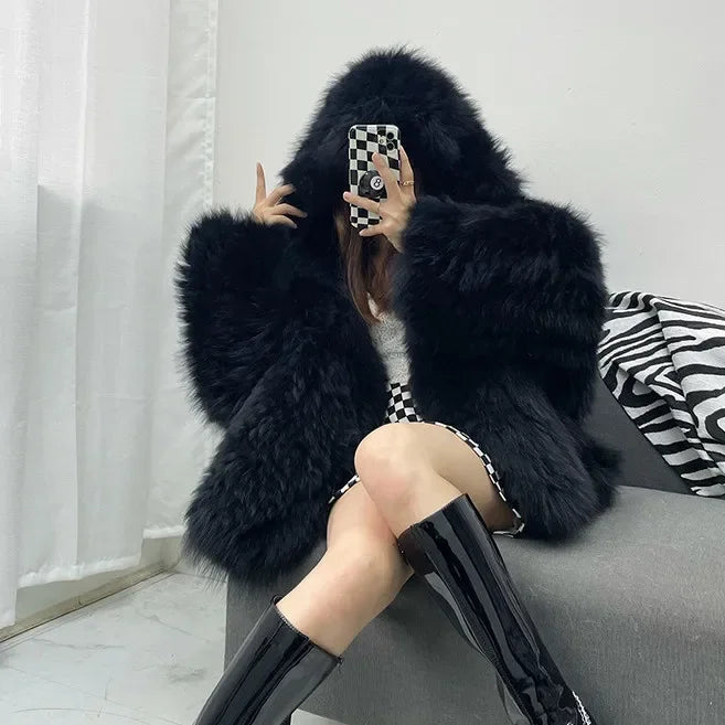 Faux Fur Jackets for Women Autumn Winter Short Bat Full Sleeve Hooded Coats Slim Spliced Thick Coat Loose Open Stitch Jacket