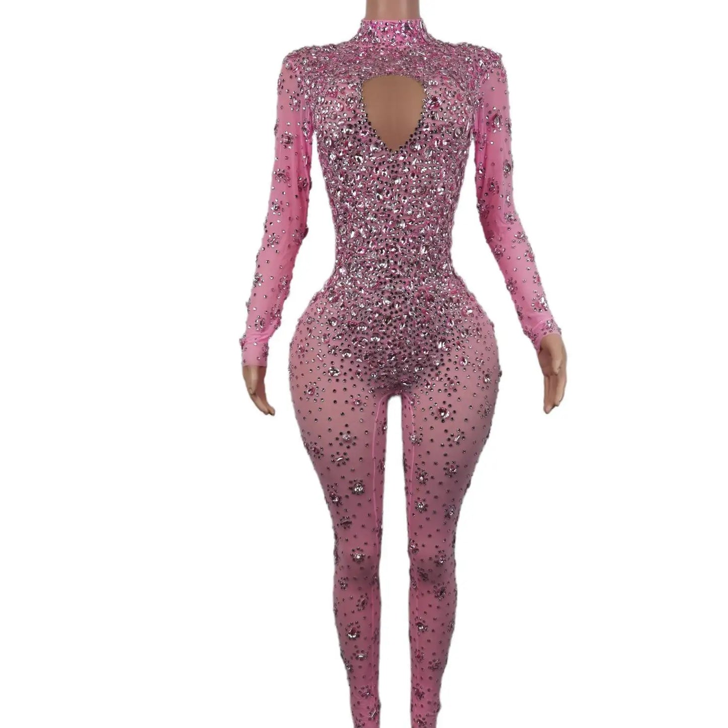 Sexy High-end Gorgeous Perspective Rhinestone Jumpsuit Long-sleeved Tights Nightclub Singer DJ Stage Performance Clothes Cuican