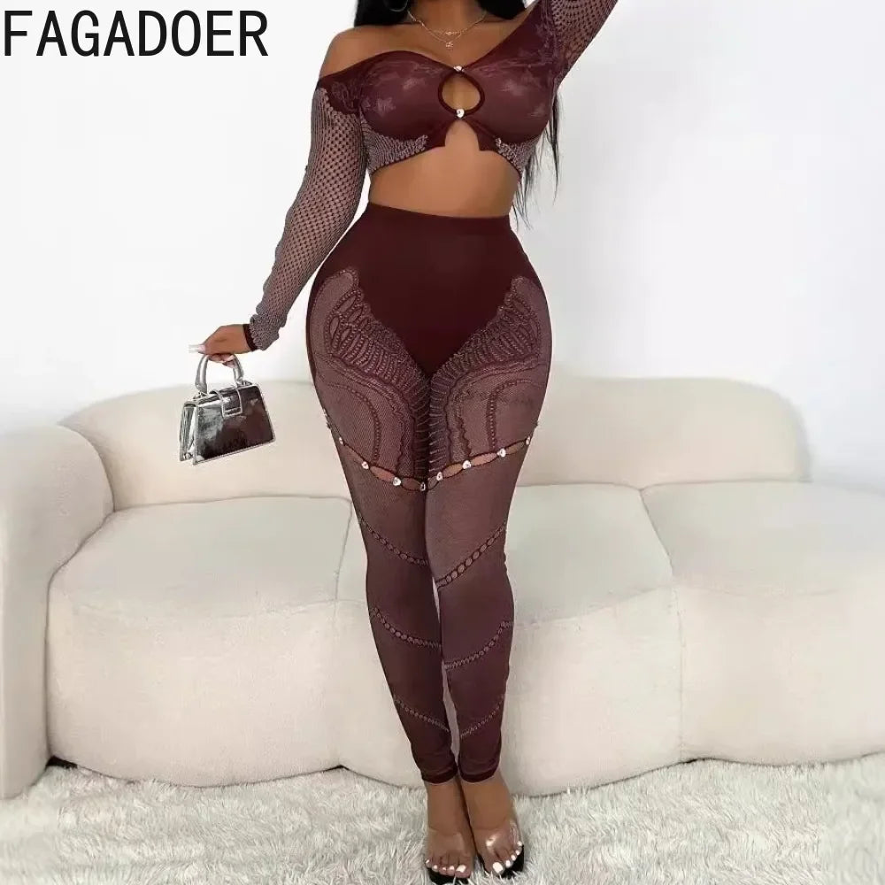 FAGADOER Thick Lace Sexy 2 Piece Set Outfit Women Off Shoulder Long Sleeves Crop Tops and Pants Clothing Female Elastic Clubwear