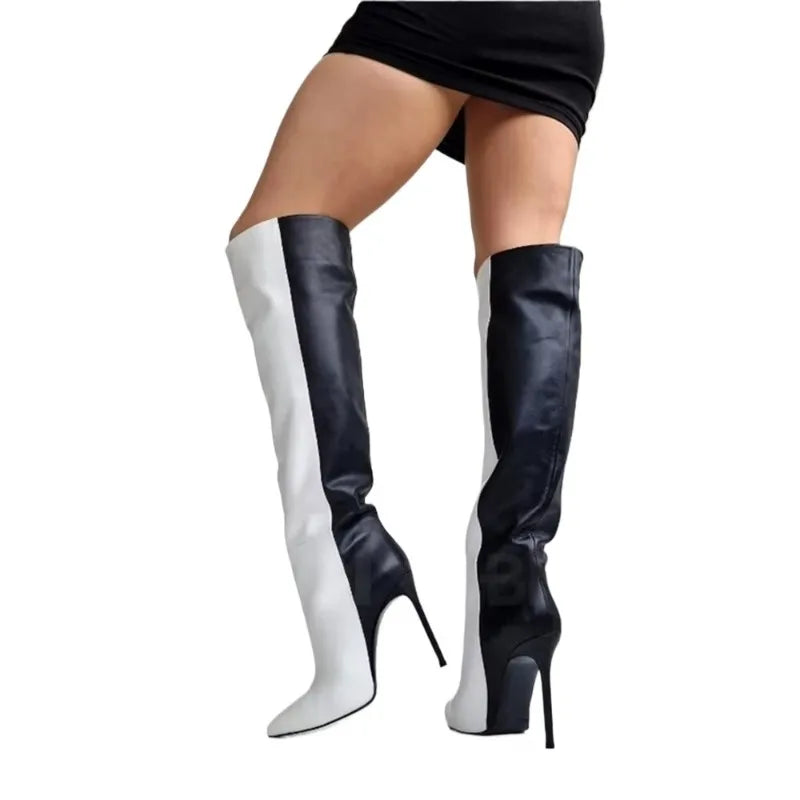 Black and White Pointed Toe Boots Fashion Style High Heel Knee Boots Customizable Color Large Size Shoes Women's Sexy Knee Boots