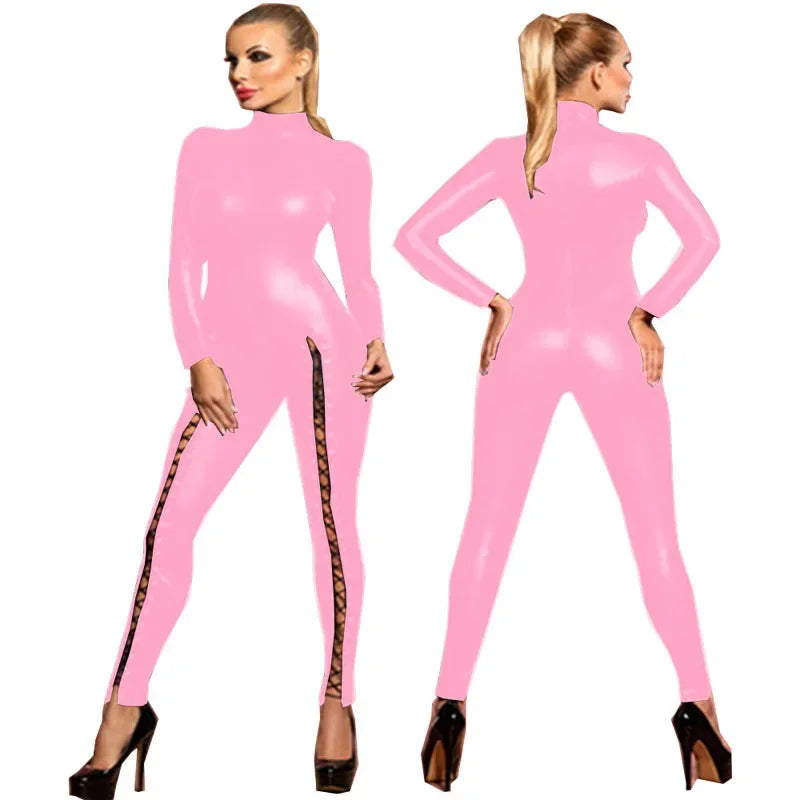 2024 Sexy Hot Women Faux Leather Catsuit Shiny PU Bodysuit Clubwear Bodycon lace-up long jumpsuit Party Club Rompers jumpsuit