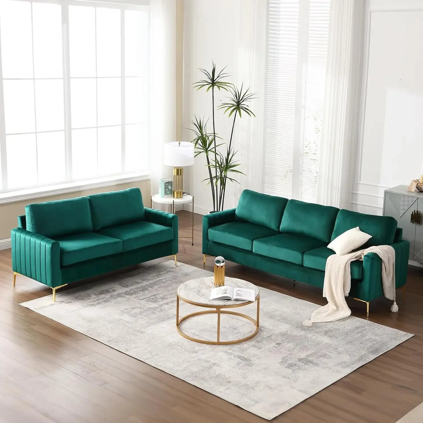 Sofa and Loveseat Set 2 Piece, Comfy Velvet Tufted Couch and Loveseat Sets Living Room Furniture Sets with Gold Leg, Modern