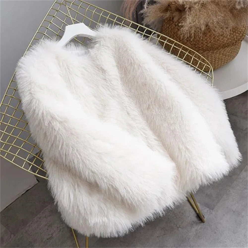 Shaggy Faux Jacket Women Elegant Thick Tops Artificial Warm Shaggy Overcoat Luxury Collarless Coat Short Fur Outwear Winter