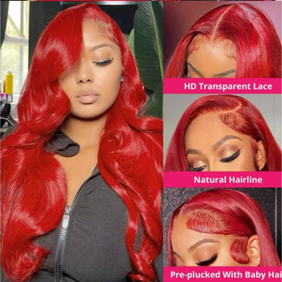 13x4 Sexy Red Lace Front Human Hair Wigs Body Wave Burgundy Red Colored Transparent Lace Front Wigs Human Hair Remy 180% Density