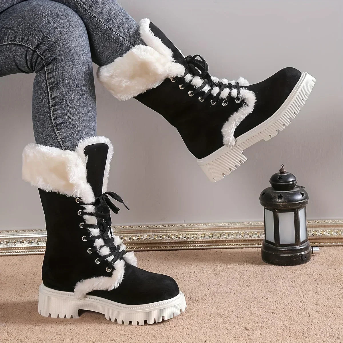 Women's Fleece Lined Snow Boots, Winter Warm Lace Up Flat Mid Calf Boots, Thermal Outdoor Chunky Boots