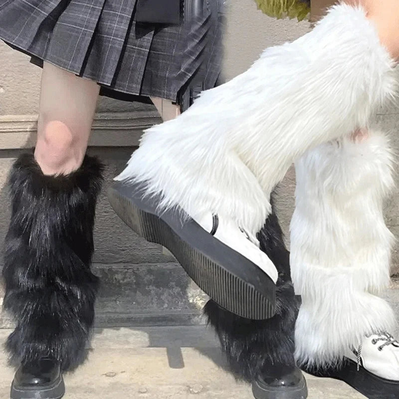 1/2pcs Furry Leg Warmers Y2K Goth White Faux Fur Leg Warmers Boot Covers Lady Cute Jk Knee-length Hipster Warm Sock Trendy Socks