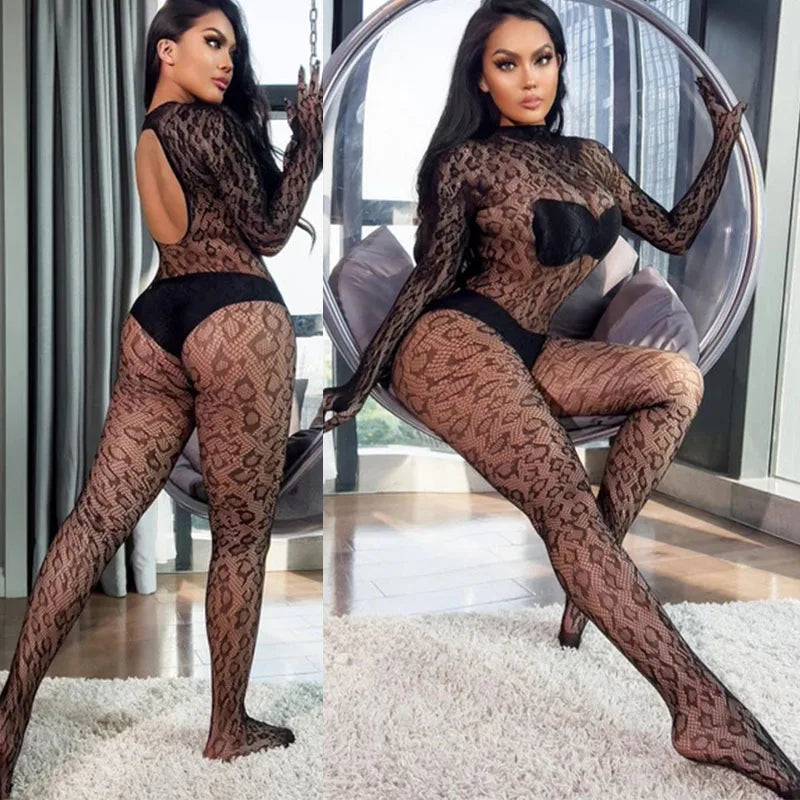 Sexy Leopard Bodystockings Women Sexy Lingerie Black Fishnet Bodysuit Fancy Roleplay Underwear Fashion Leopard Print Clothes New