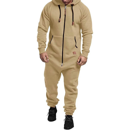 Men s Winter Hooded Jumpsuits with Pockets Warm Long Sleeve Full Zipper Up Overalls Sweatsuits with Drawstring