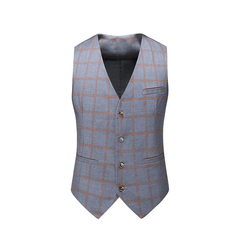 (Suit+Vest+Pant) Spring Korean Slim Check British Business Suit Men Three Piece Wedding Bridegroom Best Man Formal Dress S-5XL