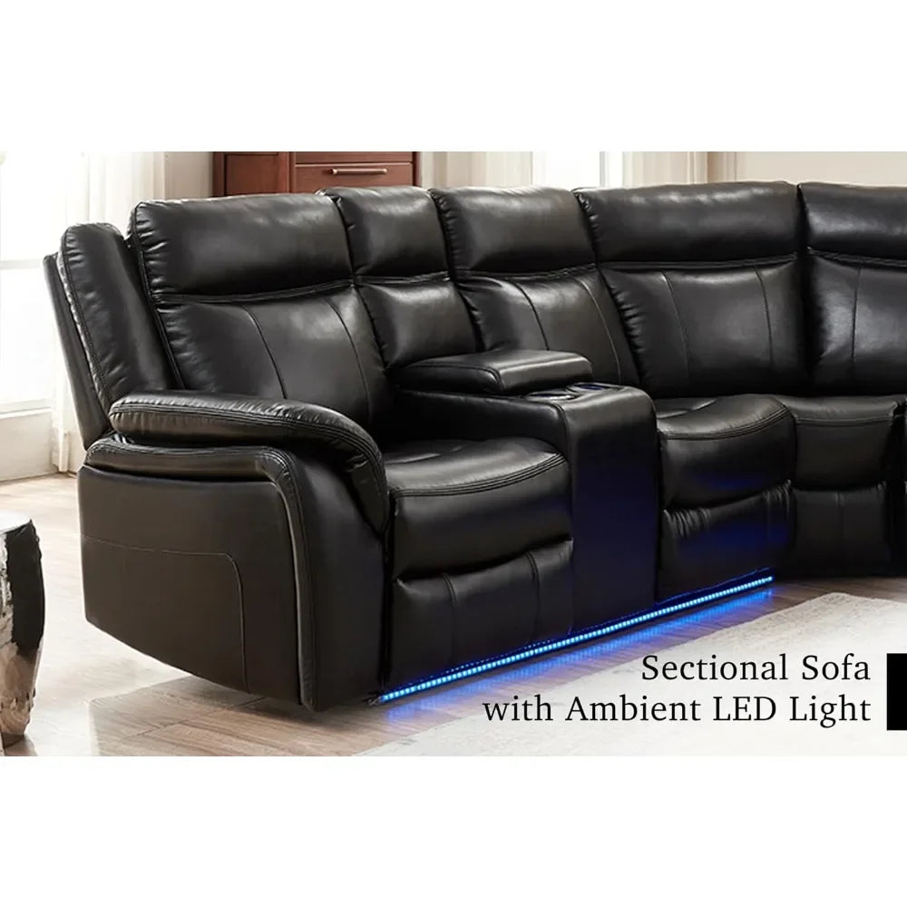 recliner，Power Reclining Sectional Sofa with LED Light Recliner Faux Leather L-Shaped Electric Reclining Sectional Couch