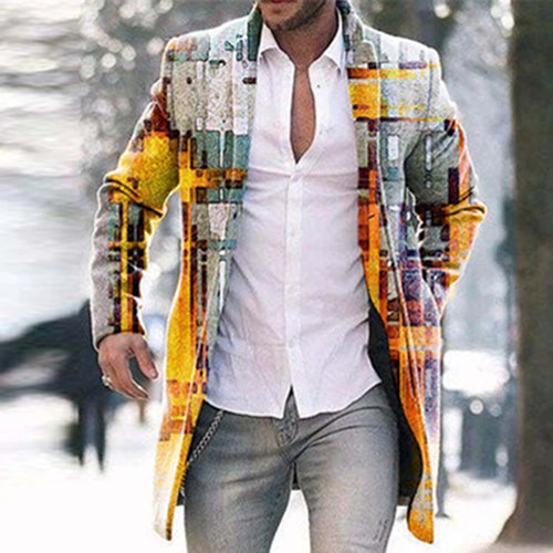 Retro Pattern Print Wool Blend Jackets Men Casual Turn-down Collar