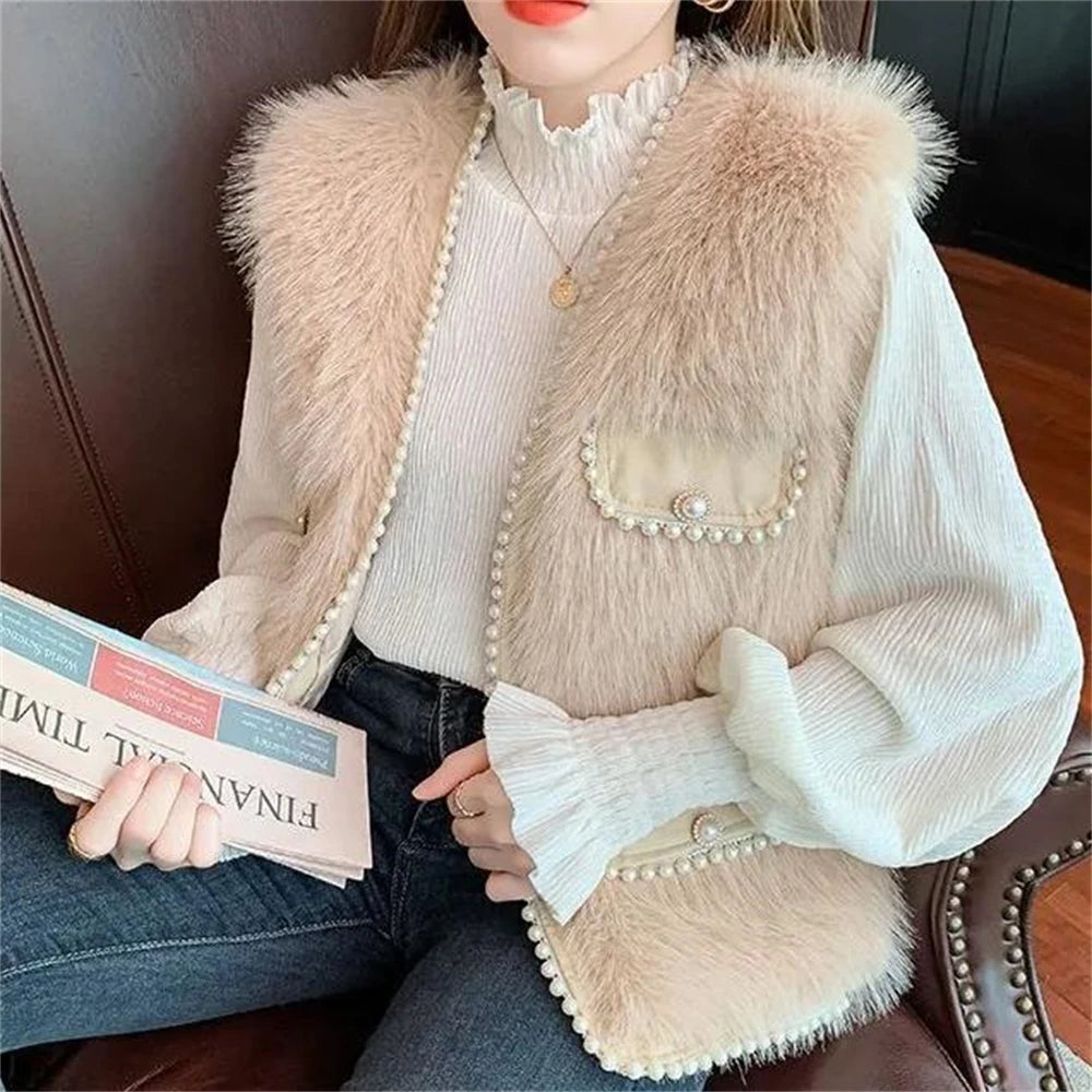 Women Imitation Fur Vest  Autumn Winter Pocket Beading Sleeveless Fur Jacket Plus Cotton Coat Lady Warm Soft Outwear Waistcoat