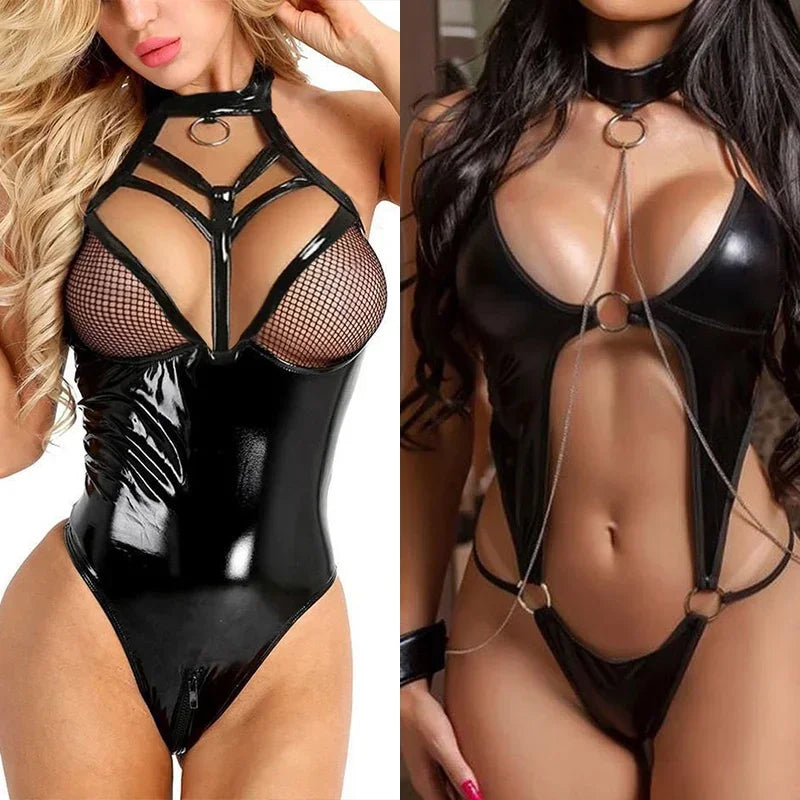 Exotic Pajamas Underwear Sexy Women Lingerie Babydoll PU Leather Bodysuit Erotic Lingerie Costumes Clothes Sex Corset Ropa Mujer