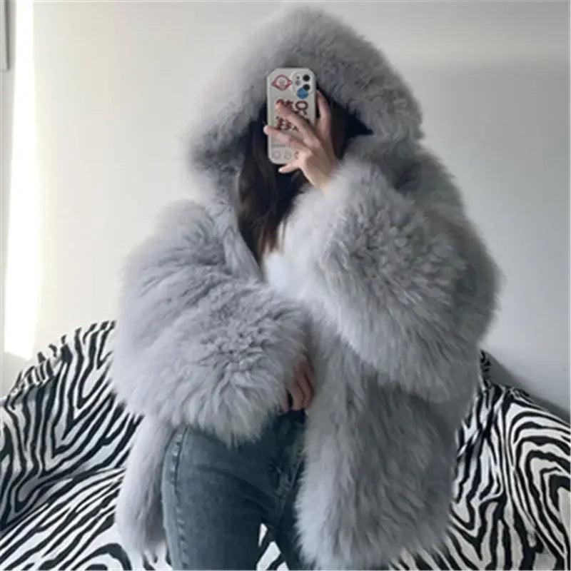 Faux Fur Jackets for Women Autumn Winter Short Bat Full Sleeve Hooded Coats Slim Spliced Thick Coat Loose Open Stitch Jacket