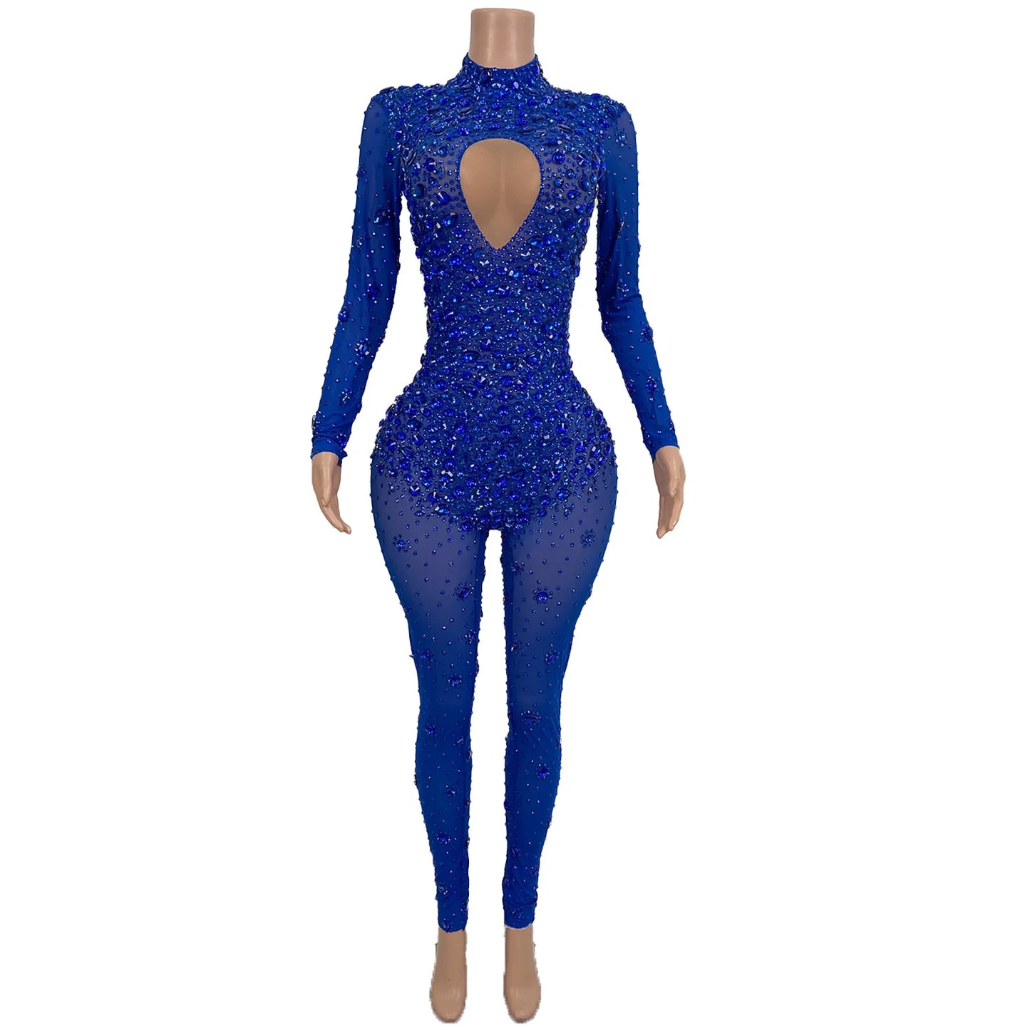 Sexy High-end Gorgeous Perspective Rhinestone Jumpsuit Long-sleeved Tights Nightclub Singer DJ Stage Performance Clothes Cuican