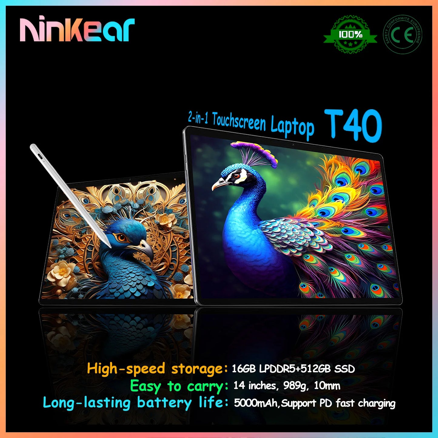 Ninkear T40 Laptop TouchScreen 2 in 1 Tablet Intel N100 14 Inch FHD 16GB DDR5+512GB SSD Wifi 6 RGB Backlit Keyboard With Stylus