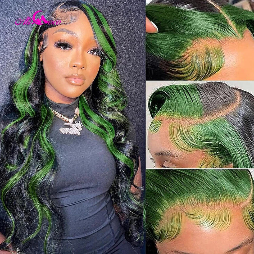 Highlight Green Lace Front Human Hair Wig Green Body Wave Lace Front Wig For Women Black and Green Highlight Wig 150% Density