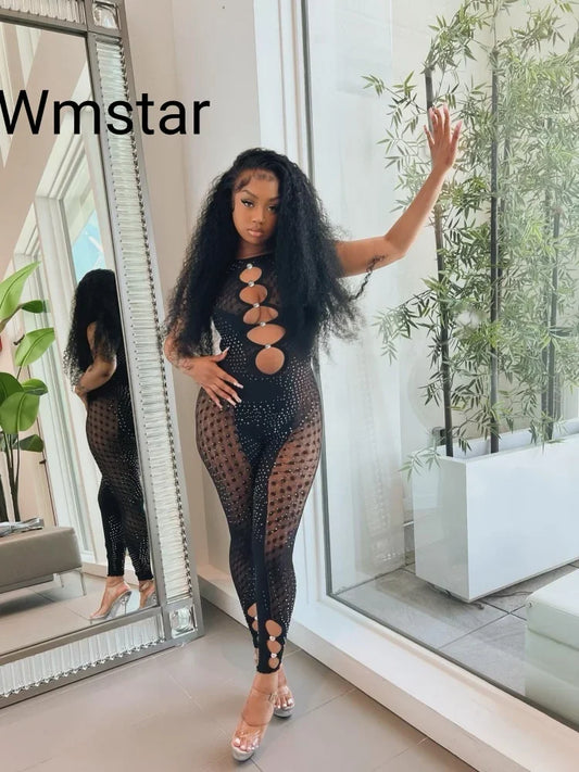 Wmstar  Women Party Jumpsuit Black Sexy Hollow Tight Hot Diamond Mesh Milk Silk Splicing Jumpsuit Wholesale Dropshipping 2024