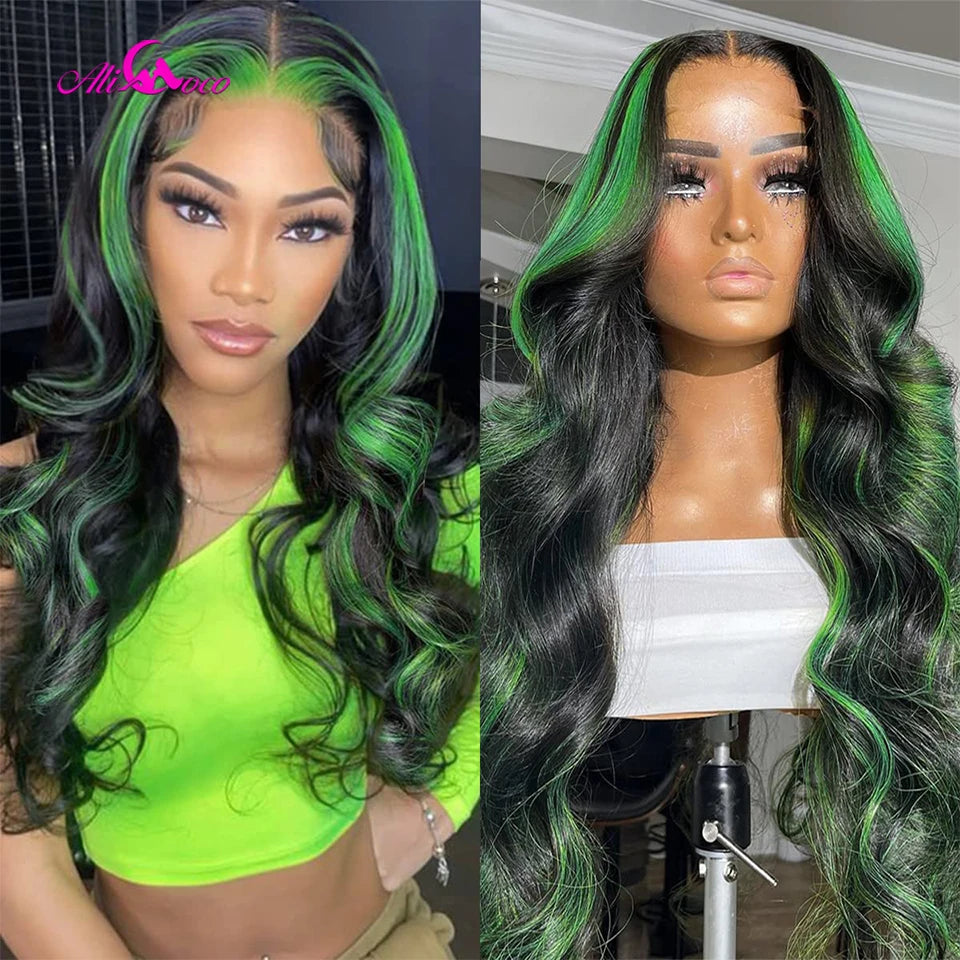 Highlight Green Lace Front Human Hair Wig Green Body Wave Lace Front Wig For Women Black and Green Highlight Wig 150% Density