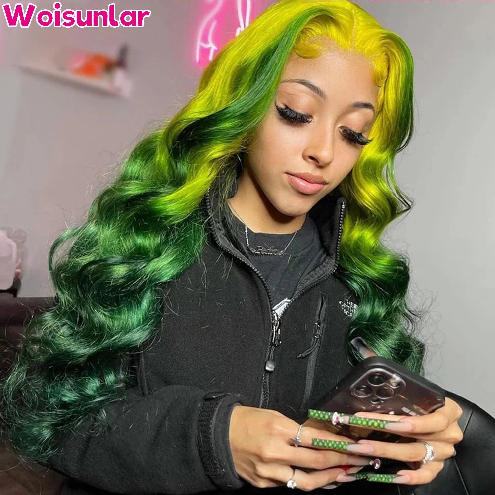 Ombre Yellow and Green Human Hair 13x6 Transparent Lace human hair  Pre-Plucked For Black Women Body wave180% Density  wigs