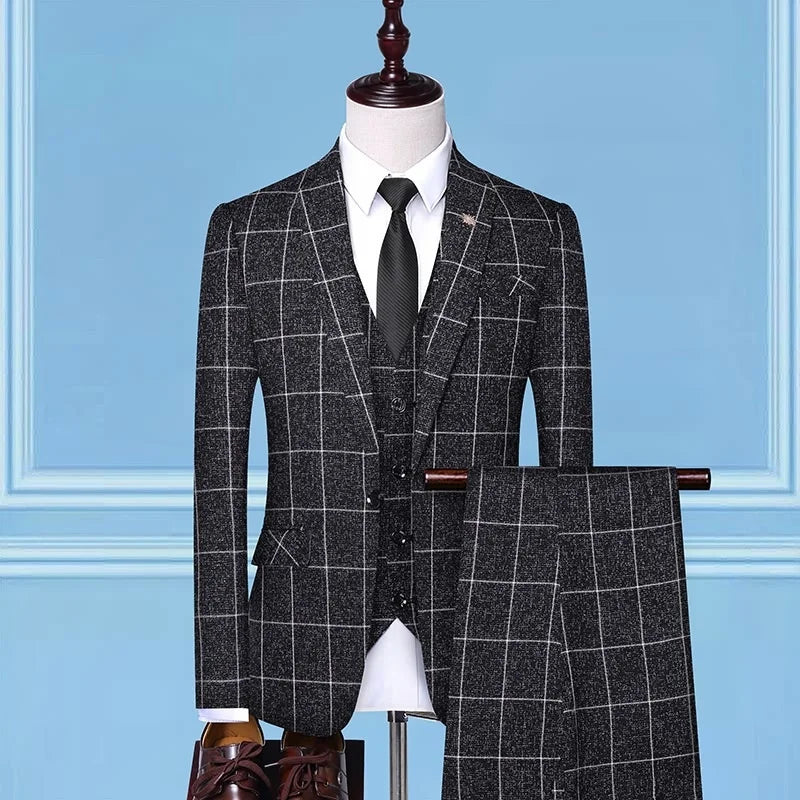 ( Suit+Vest+Pants) 2023 Spring Men's Tailcoat Plaid Suit/Men's Slim Fit Plaid Three Piece Work Suit Business Suit Men's S-4XL