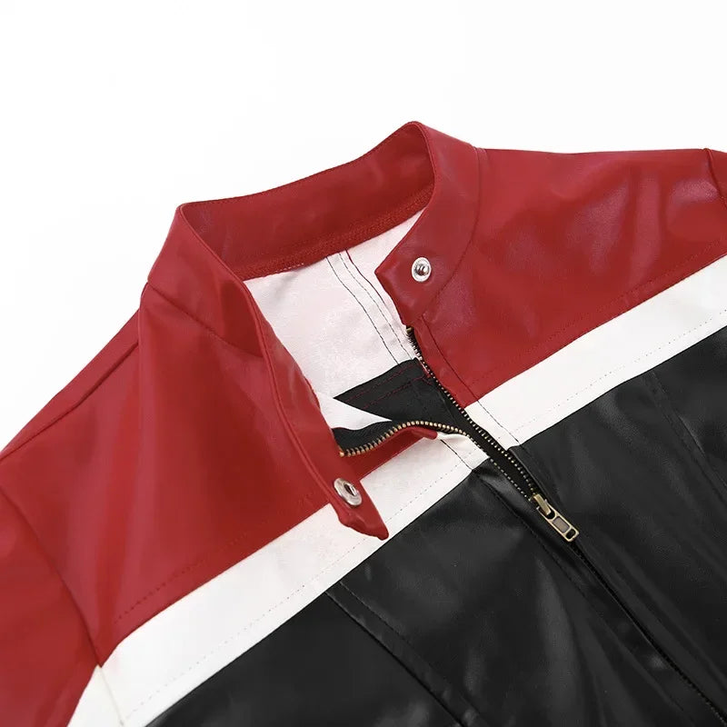 Color Patchwork PU Leather Asymmetrical Jackets Women Autumn Crop Tops Full Sleeve Zipper Motorcycle Racing Slim Coat Streetwear