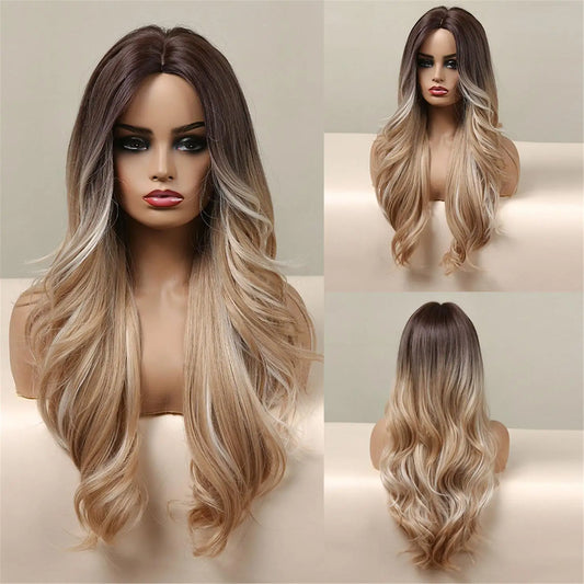 Long Blonde Ombre Wavy Synthetic Women's Curly Dark Root Wigs Middle Part for Women Natural Daily Heat Resistant Fiber Wigs