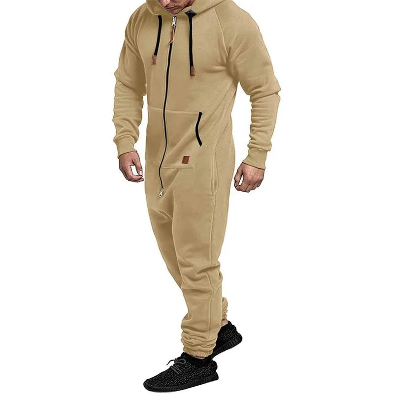 Men s Winter Hooded Jumpsuits with Pockets Warm Long Sleeve Full Zipper Up Overalls Sweatsuits with Drawstring