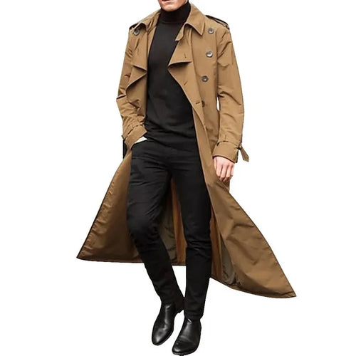 Men's Long Trench Coat Solid Color Long Sleeve Leisure Lapel Button