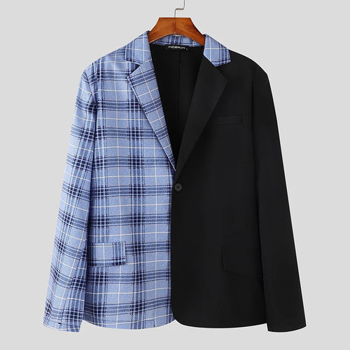 INCERUN Men Blazer Plaid Patchwork Lapel Long Sleeve One Button Casual