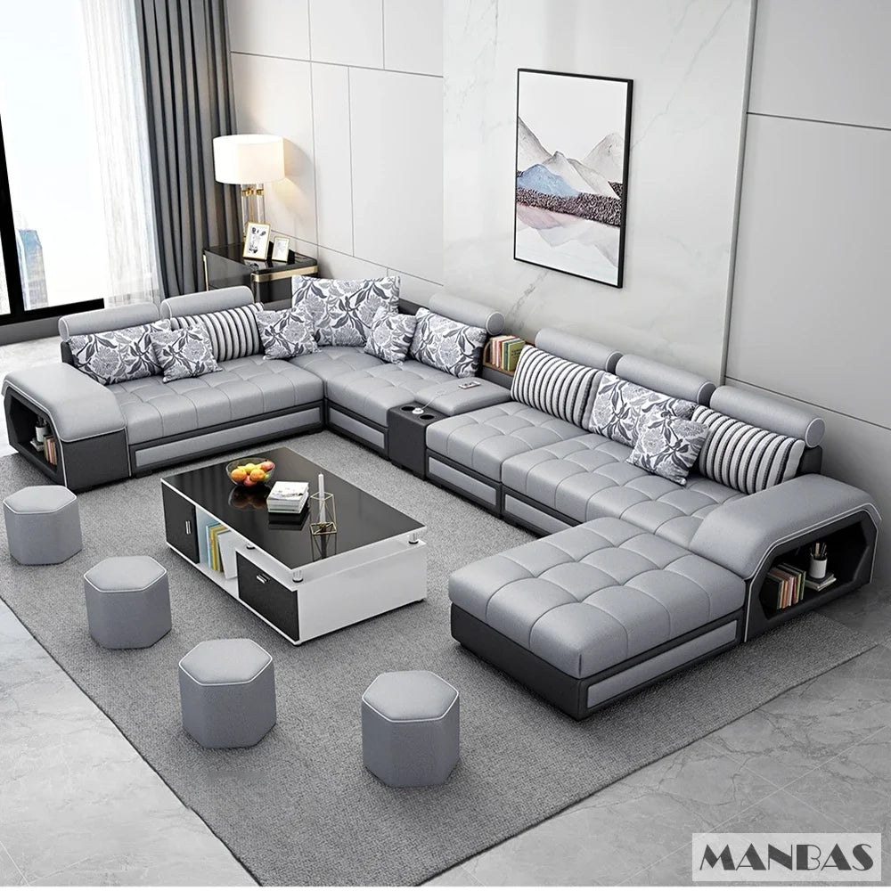 Linlamim Fabric Sofa Set Furniture Living Room Sofa Set with USB and Stools / Big U Shape Cloth Couch Sofas for Home Furniture