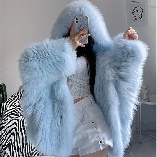 Faux Fur Jackets for Women Autumn Winter Short Bat Full Sleeve Hooded Coats Slim Spliced Thick Coat Loose Open Stitch Jacket