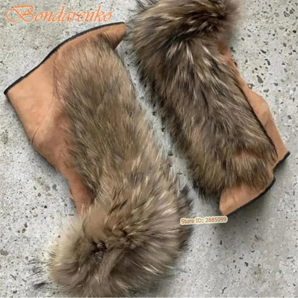 Fur Suede Wedges Boots Pointy Toe Solid Mid Calf Lace Up Straps Boots Women Sexu Shoes Winter Party Designer New Style Fashion